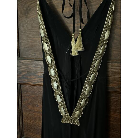 Asa Kaftans Black Gold Beading Halter Dress w/ Double Tie Front Robe Sz L / XL - Picture 6 of 16